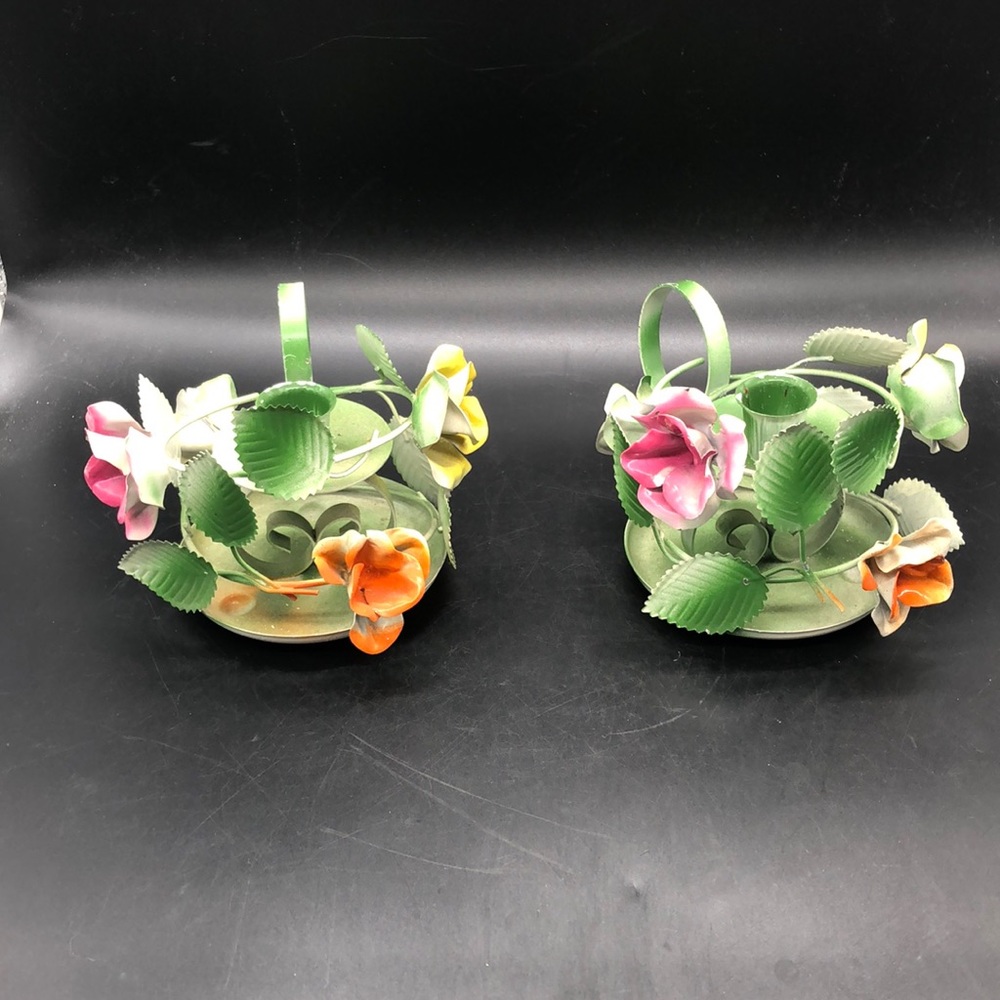 Vintage Pair Toile Candle Holders